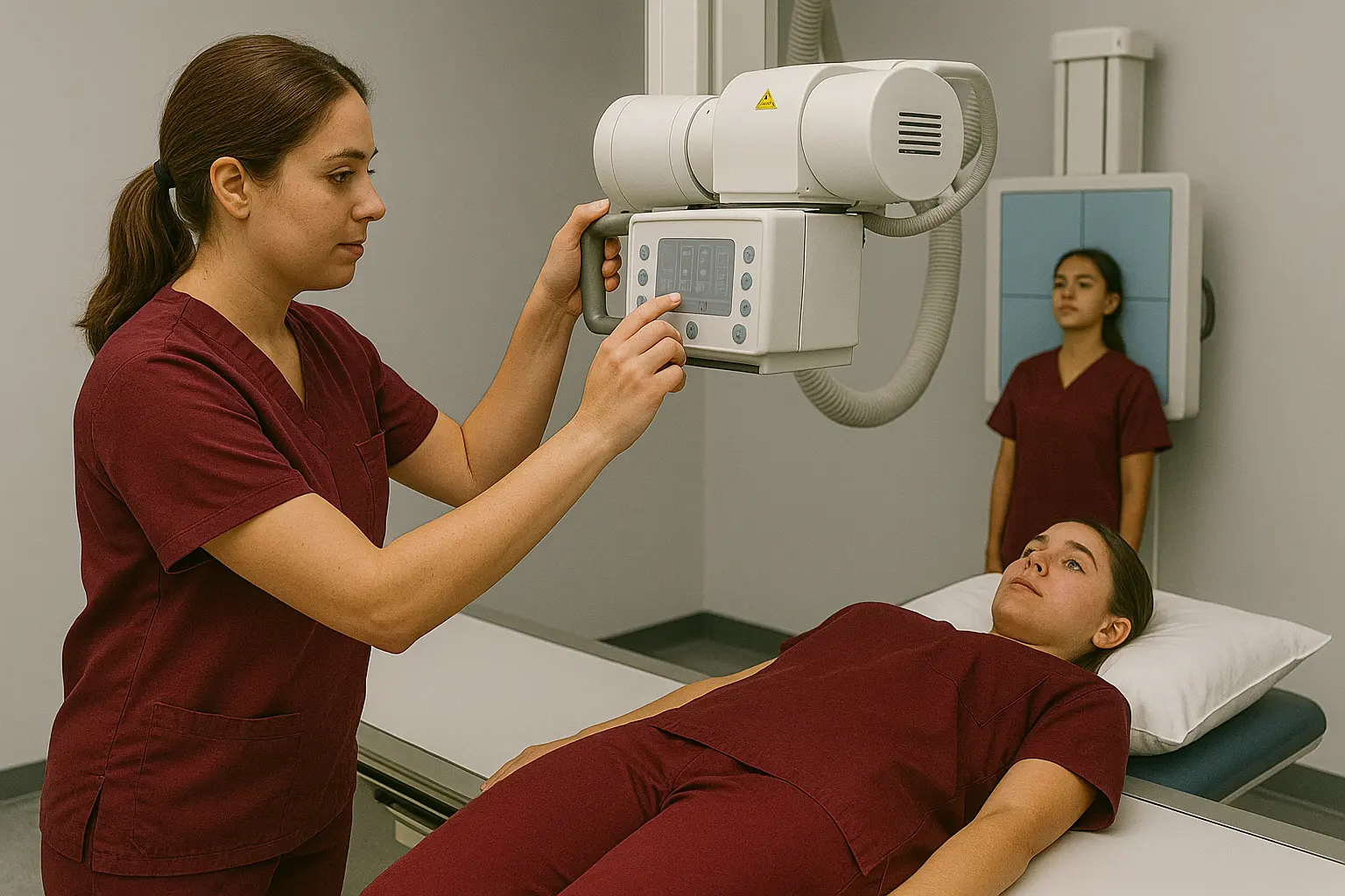 Radiologic technology student positioning a patient for an X-ray