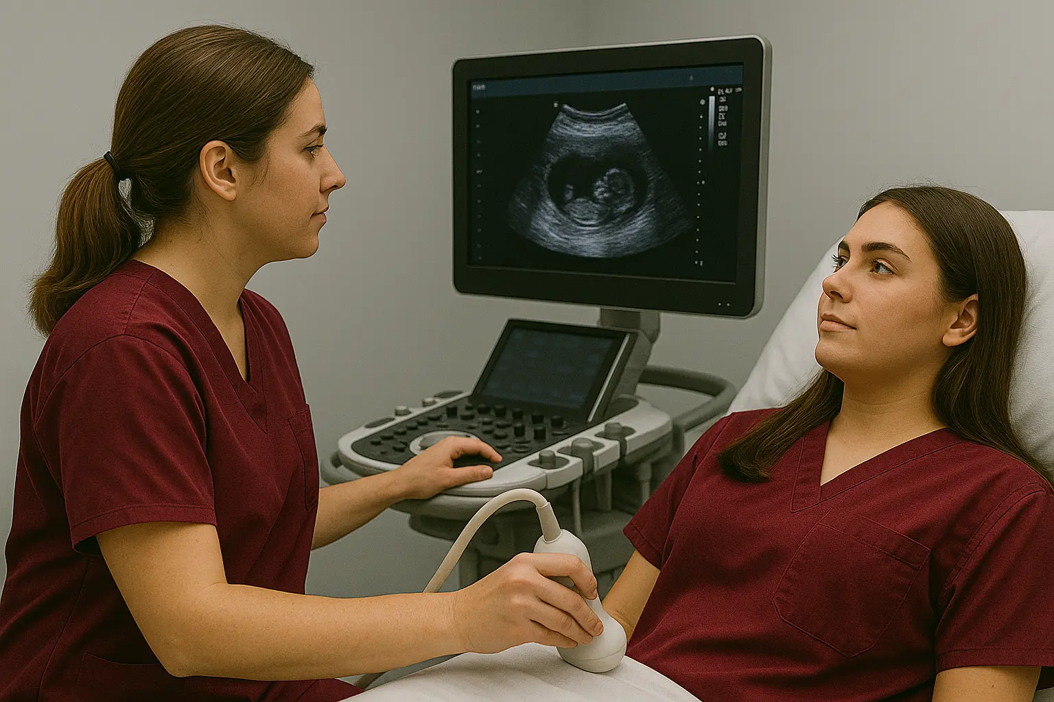 Sonography student performing an ultrasound scan on a patient